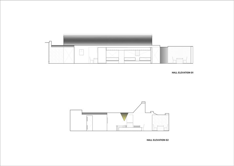 Elevation drawings showing two interior hall sections with a suspended inverted cone element in the lower view