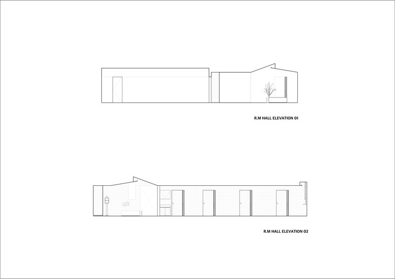 Elevation drawings depicting hall sections with sloped ceiling elements and door openings along the walls