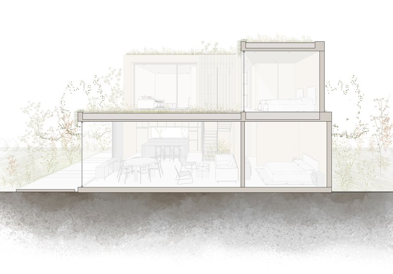 Section drawing revealing a two-story volume with interior dining and bedroom spaces