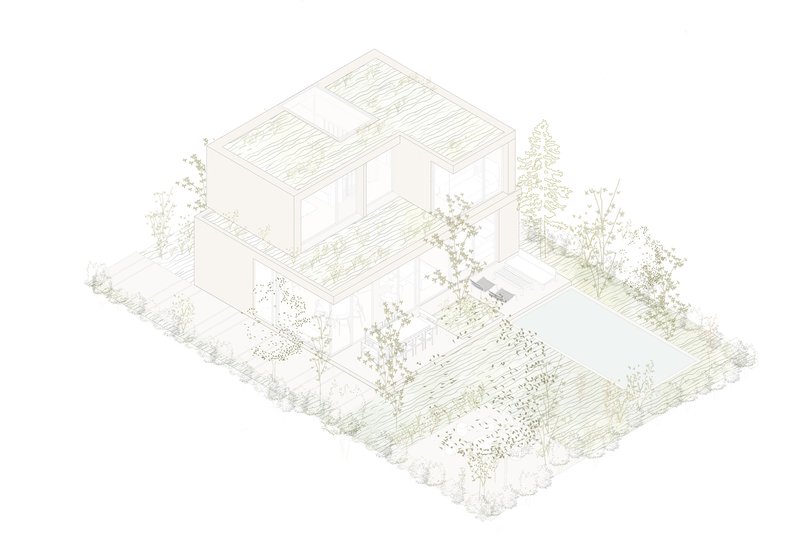 Axonometric cutaway showing interior courtyards with vertical cladding and planted terraces