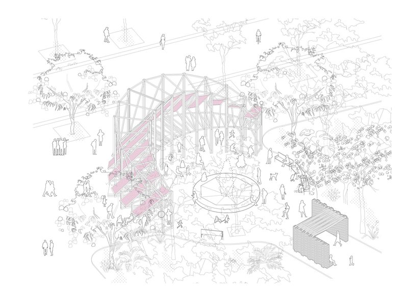 Isometric drawing showing a pavilion structure with a timber frame and surrounding trees and people