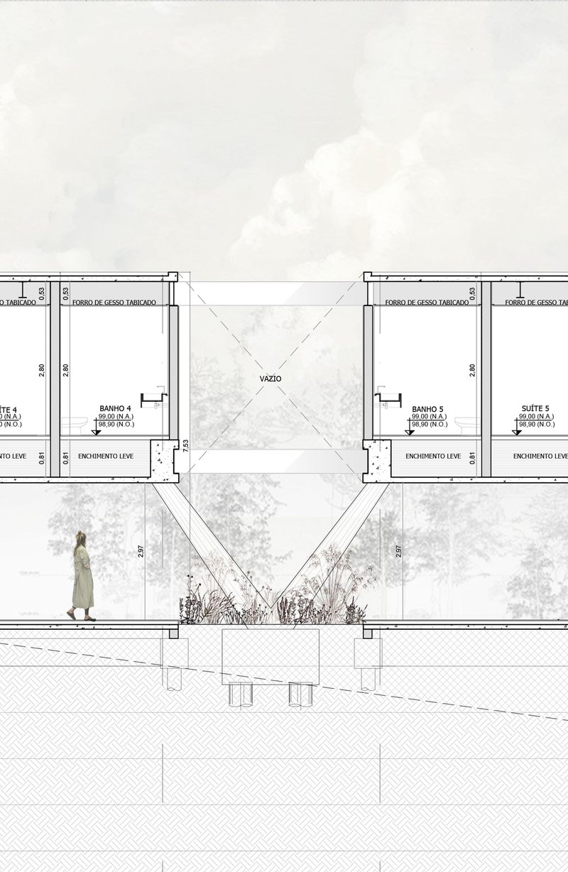 Section drawing showing two bathrooms flanking a central void with planted landscape below and a walking figure