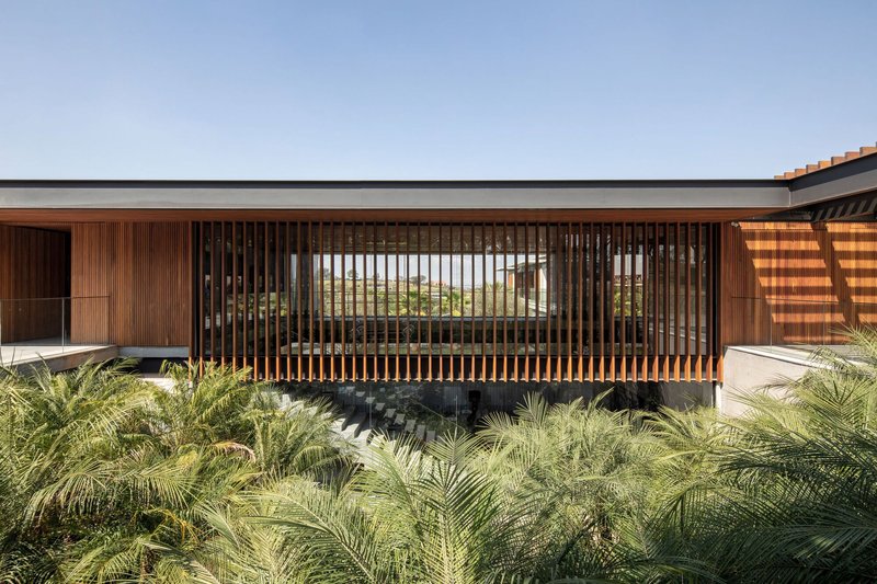 Timber screen facade with vertical slats above a planted bed of palms and cycads