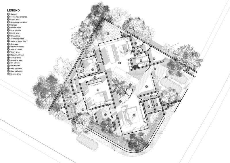 Ground floor plan drawing showing the interior layout with surrounding landscaped trees and courtyards