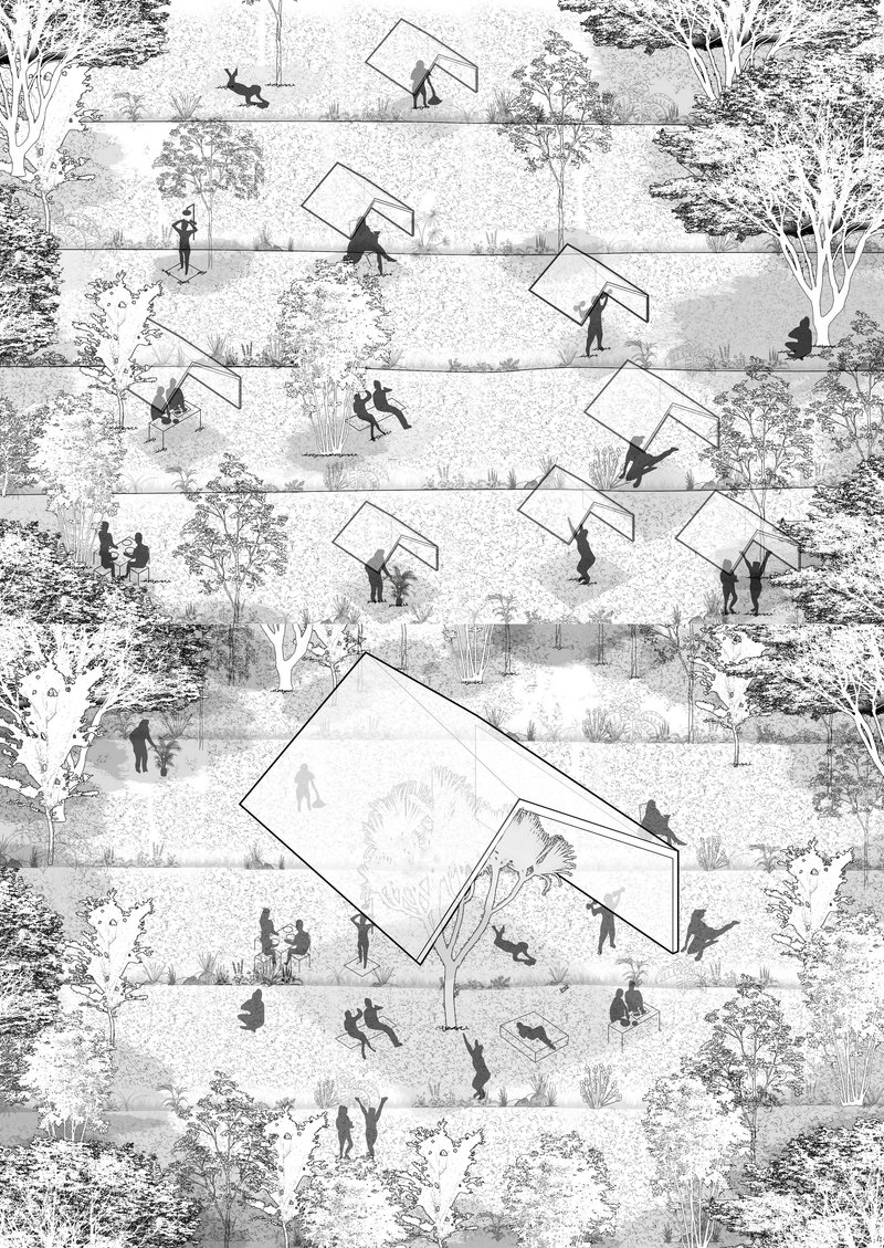 Axonometric drawing of terraced outdoor spaces with angled shade structures and figures among vegetation