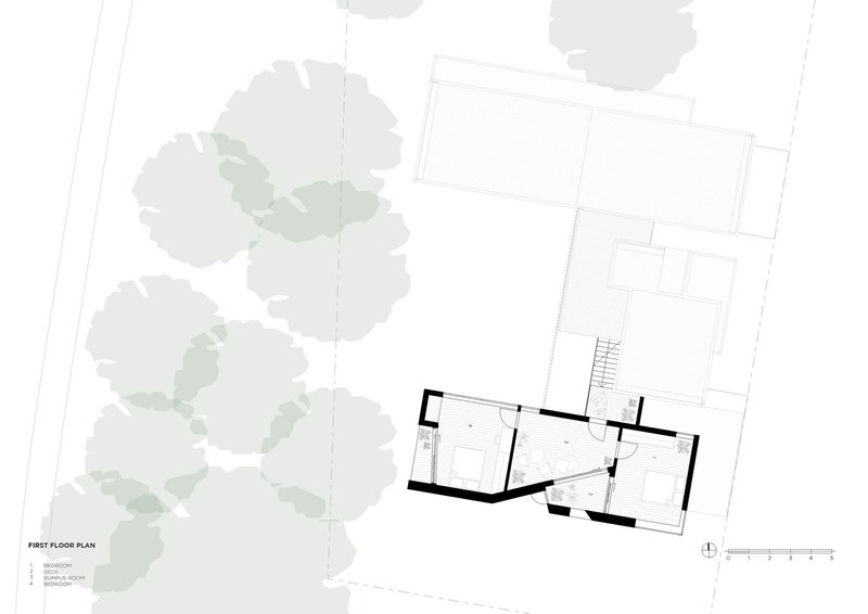 First floor plan drawing showing bedroom and study spaces with surrounding tree canopies
