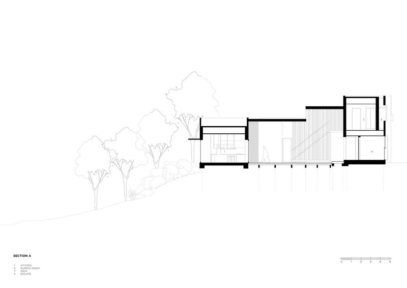 Section drawing showing stepped roof forms descending the sloped site among trees
