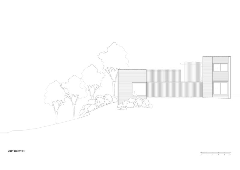 West elevation drawing depicting horizontal cladding and stacked volumes among landscaped plantings