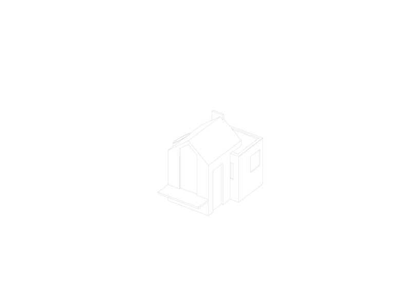 Axonometric drawing showing a compact gabled volume with vertical fenestration and solid walls