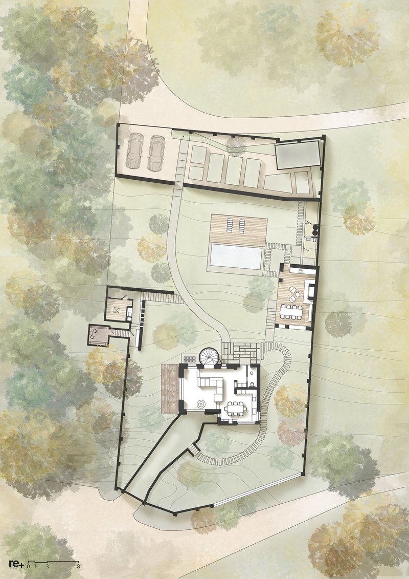 Site plan drawing with two structures, a curved path, and pool amid watercolor-rendered tree canopies
