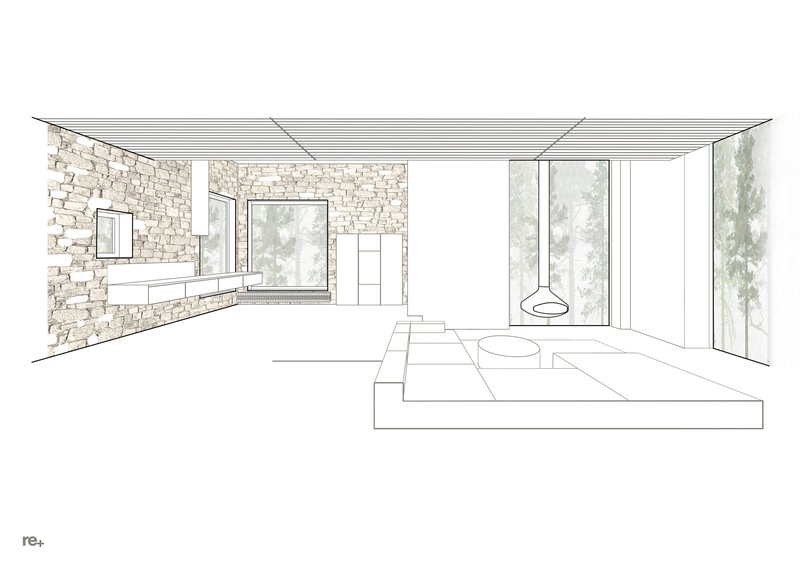 Interior perspective drawing showing stone walls, glazed openings, raised platform, and pendant fireplace with trees beyond