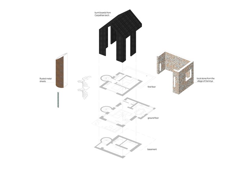 Exploded axonometric drawing showing timber roof structure, floor plans, and stone construction wall assembly