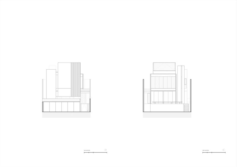 Section drawings showing the vertical arrangement of three-story volumes and stepped massing