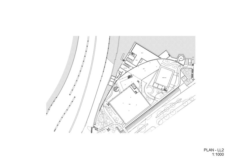 Floor plan drawing of level two showing upper floor layout with angled geometry responding to site boundaries