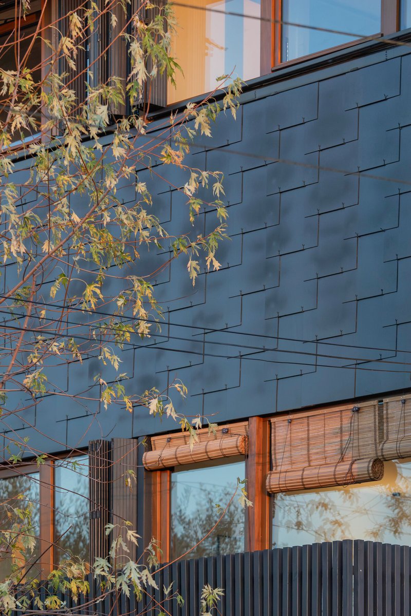 Blue slate facade with timber-framed windows and bamboo shades behind autumn branches