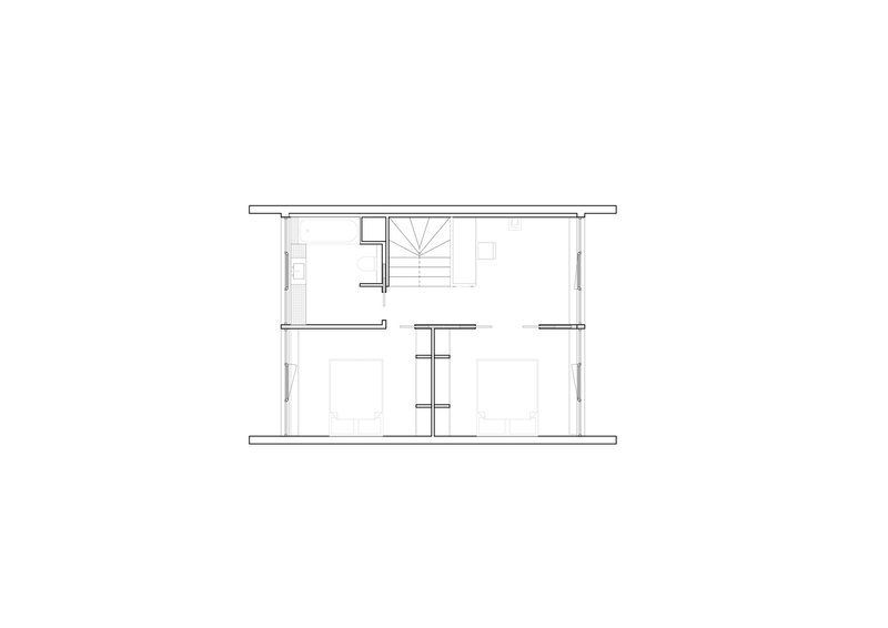 Floor plan drawing showing upper level with central stair and two bedroom volumes flanking a hallway
