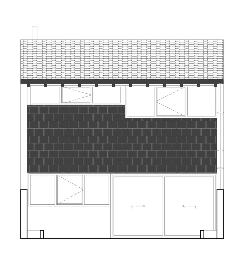 Elevation drawing showing tiled roof over horizontal masonry band between glazed upper and lower levels