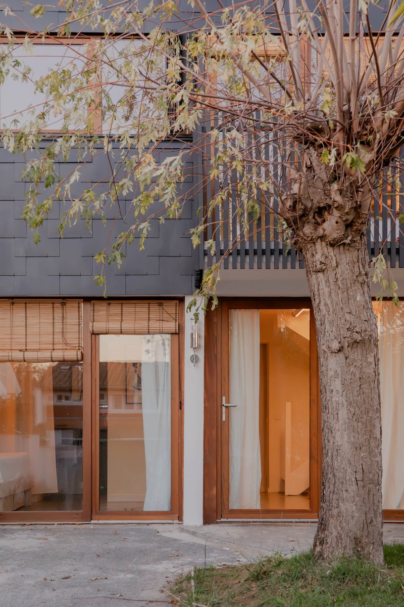 Ground floor entry with timber doors and slatted screen beneath bare wisteria branches at dusk