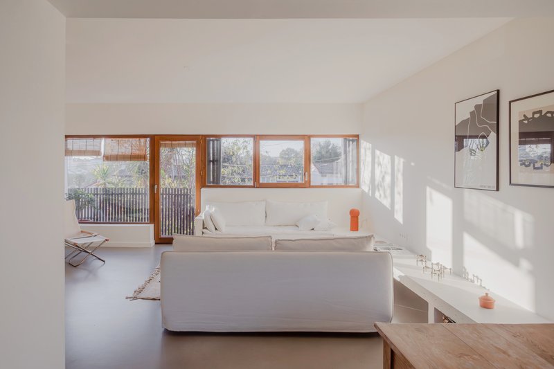 Living room with timber-framed ribbon windows overlooking a slatted fence and winter garden with strong afternoon shadows