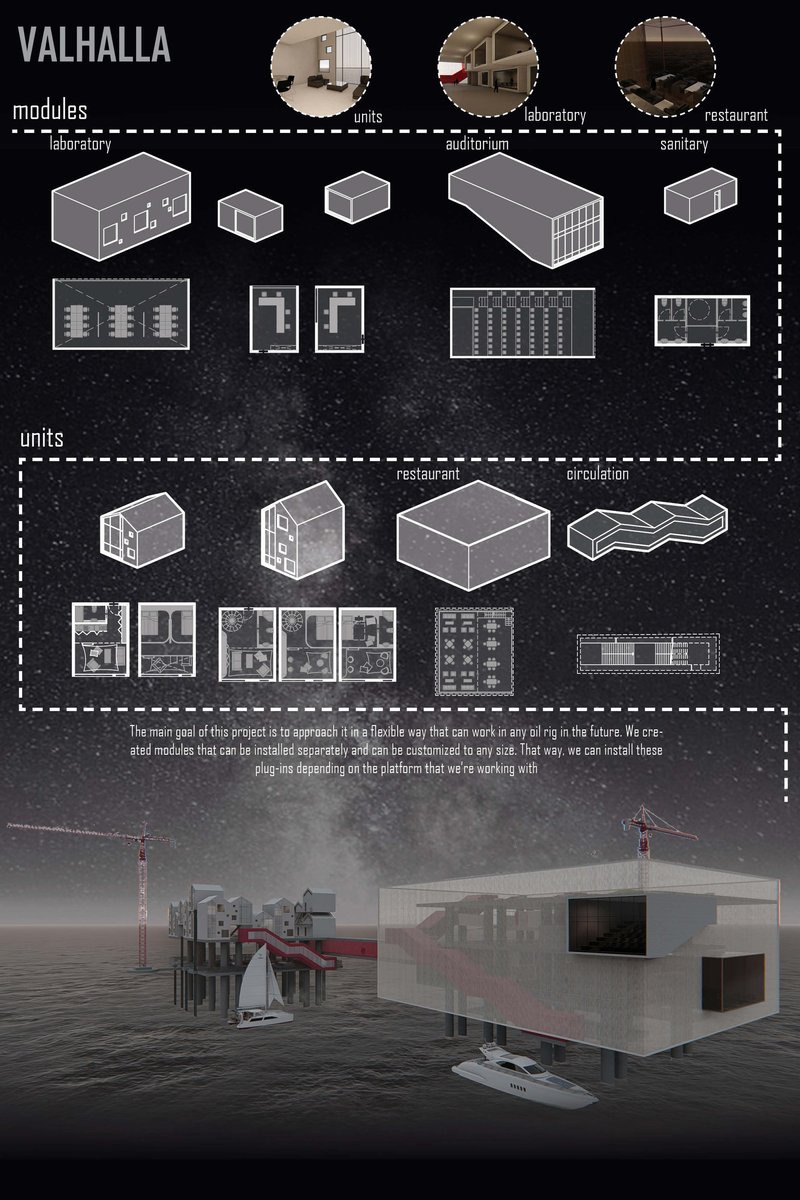Flexible plug-in housing and public modules designed to transform abandoned oil rigs into multifunctional marine communities.