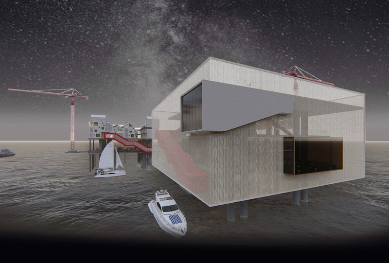 Floating cultural hub connected through bold circulation bridges, redefining offshore infrastructure through adaptive reuse architecture.