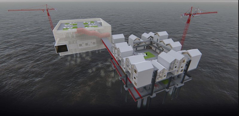 Aerial perspective of VALHALLA’s modular marine settlement combining residential living, public programs, and oceanfront circulation spaces.
