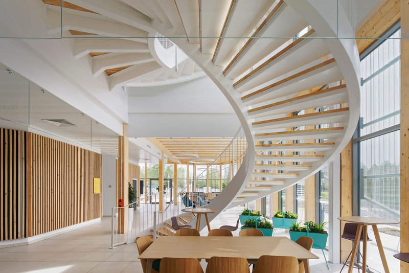 White helical staircase rising through an atrium with exposed timber beams overhead