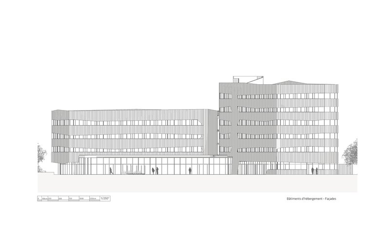 Elevation drawing depicting two connected volumes with horizontal fenestration and figures at ground level