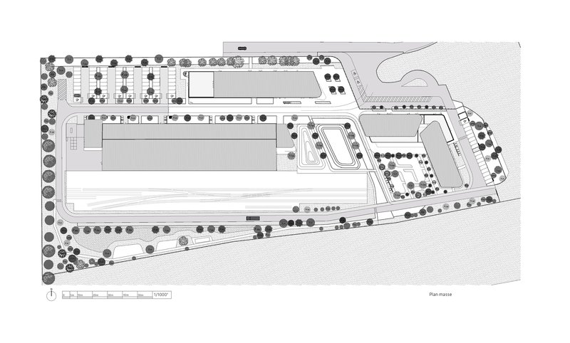 Ground floor plan drawing revealing building footprints, parking areas, and landscaped zones with trees