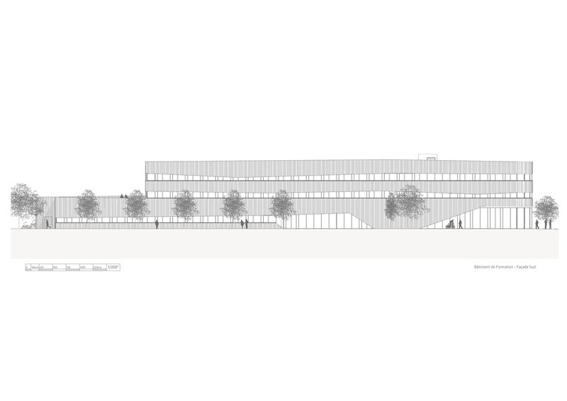 Elevation drawing showing the horizontal facade with trees and figures in front