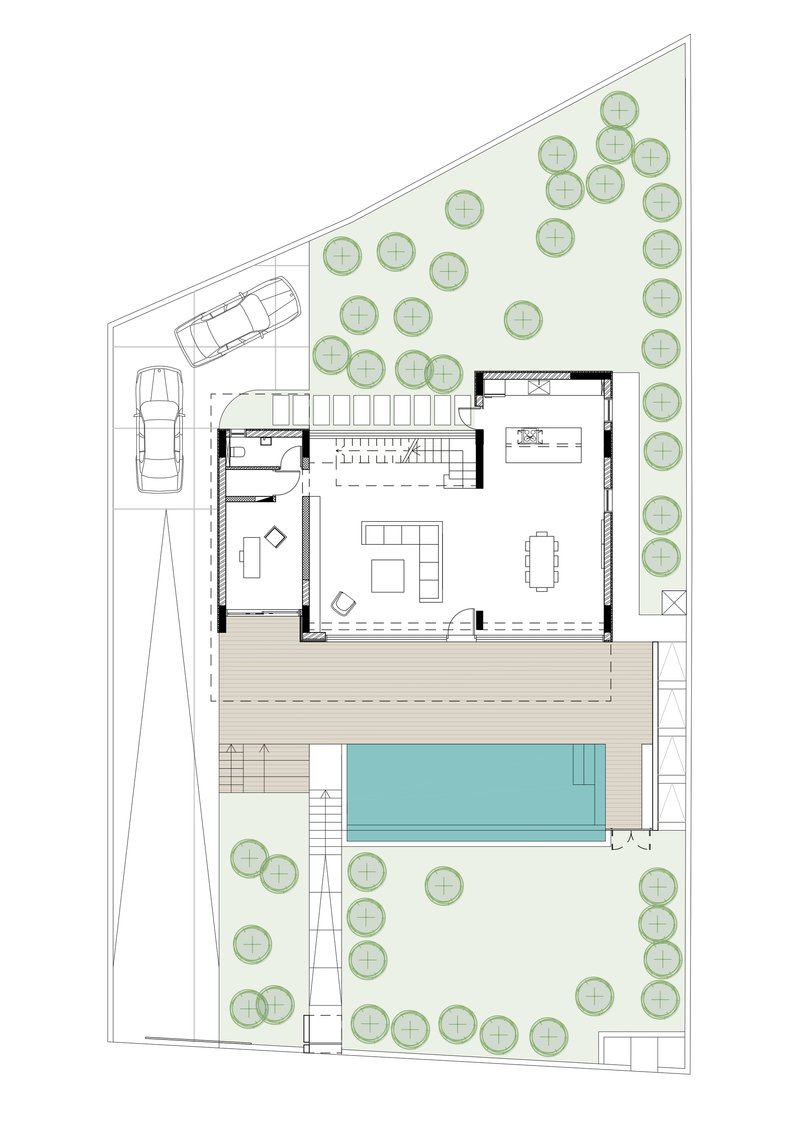 Site plan drawing showing the residence with pool deck and surrounding landscaped areas