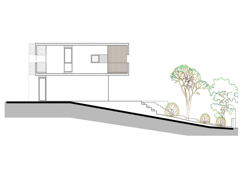Section drawing illustrating the residence on a sloping site with adjacent trees
