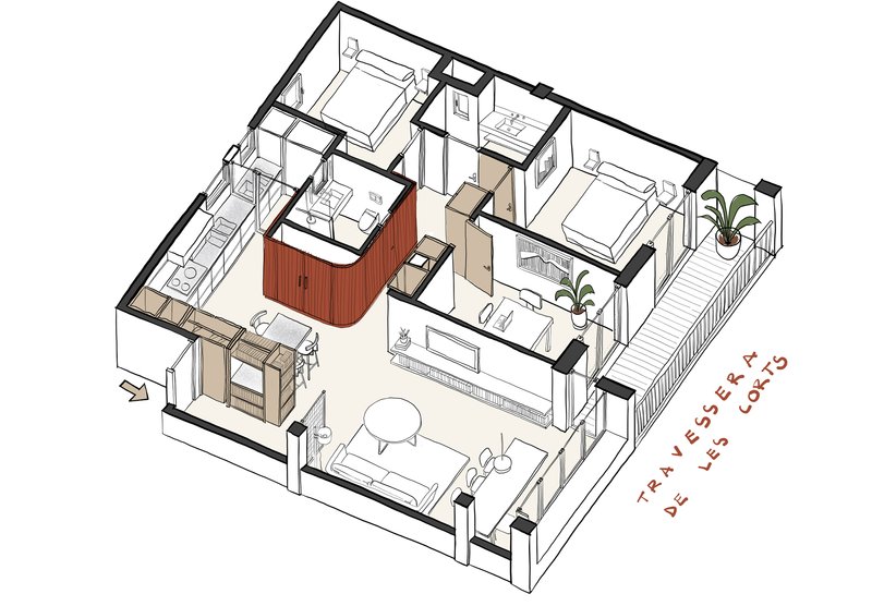 Axonometric drawing showing the apartment layout with the curved volume colored in orange