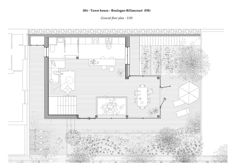 Ground floor plan drawing revealing central staircase surrounded by living spaces and exterior garden zones