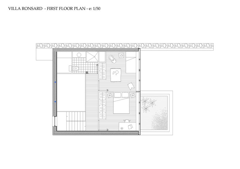 First floor plan drawing depicting bedroom layout with central stair void and terrace opening