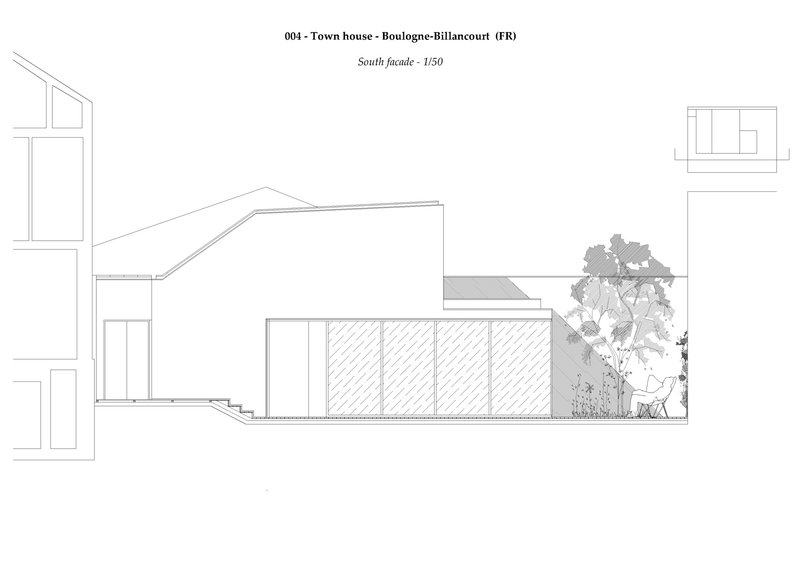 South facade elevation drawing showing volumes with hatched cladding and a tree on the right