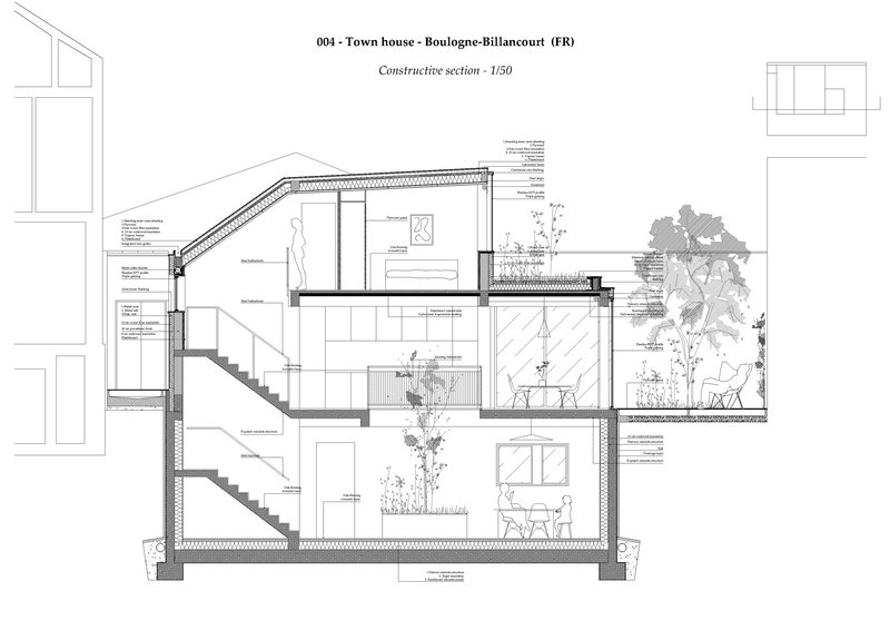 Constructive section drawing revealing multi-level interior spaces with stairs and planted courtyards
