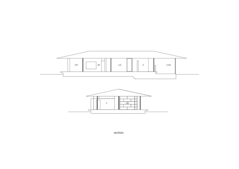 Section drawings revealing interior room divisions and ceiling heights beneath the gabled roof form