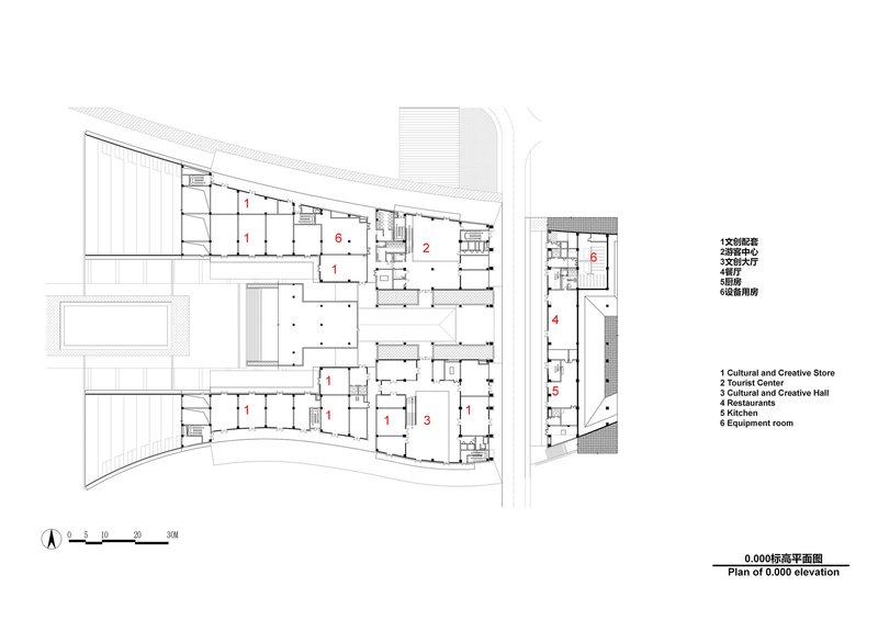 Floor plan drawing at ground level showing cultural store and hall spaces with curved exterior wall