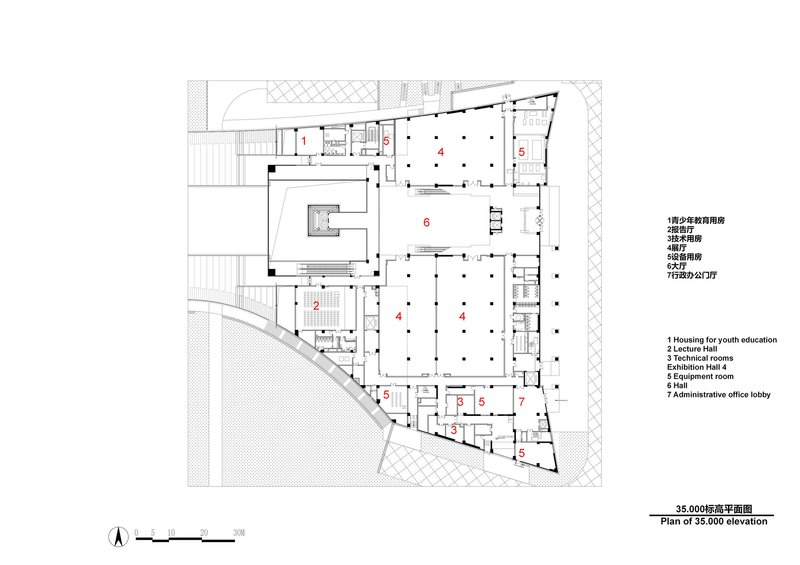 Floor plan drawing showing a multi-winged layout with exhibition halls and support spaces around courtyards