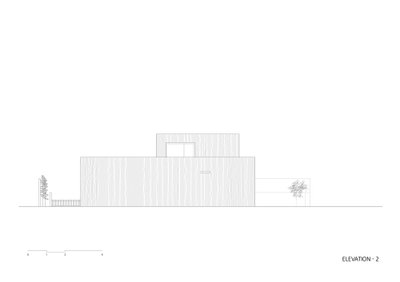 The image shows an architectural elevation of a modern building. The design features a rectangular v