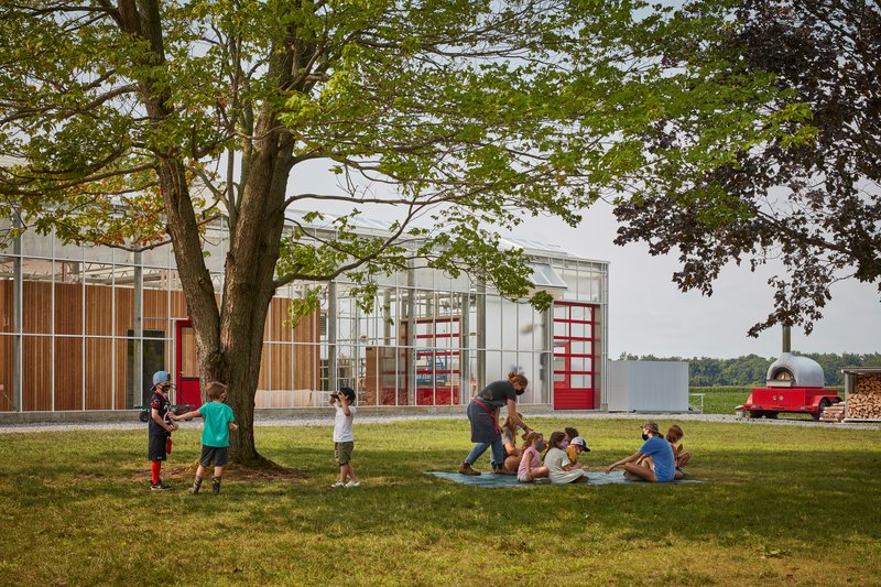 Children playing on the lawn in front of the greenhouse structure under the canopy of a large tree