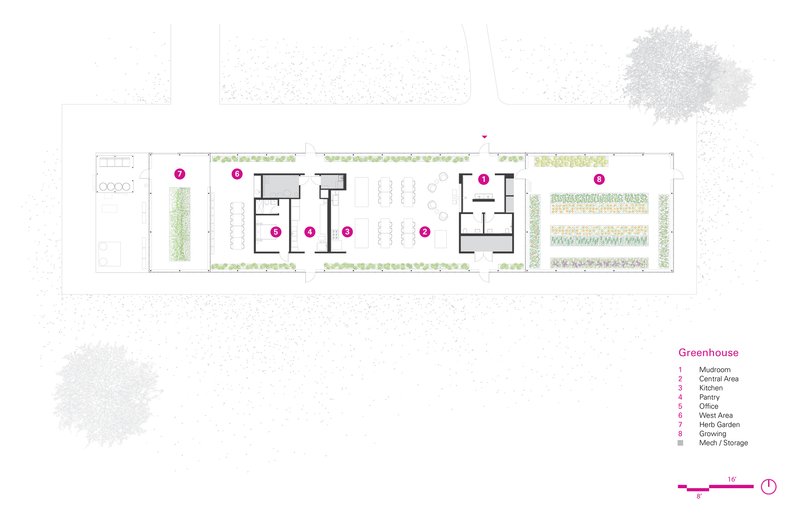 Floor plan drawing of greenhouse showing mushroom room, kitchen, pantry, and adjacent planted beds