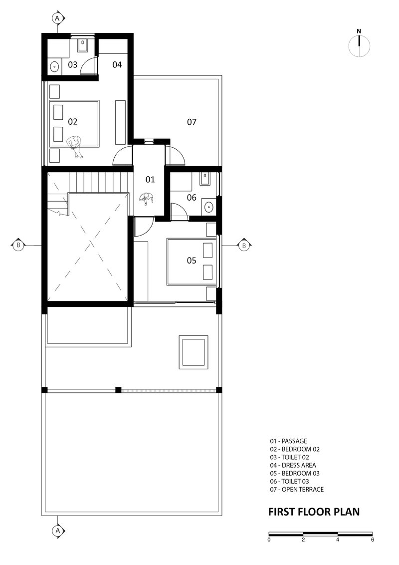 First floor plan drawing showing bedrooms and open terrace with adjacent planting area