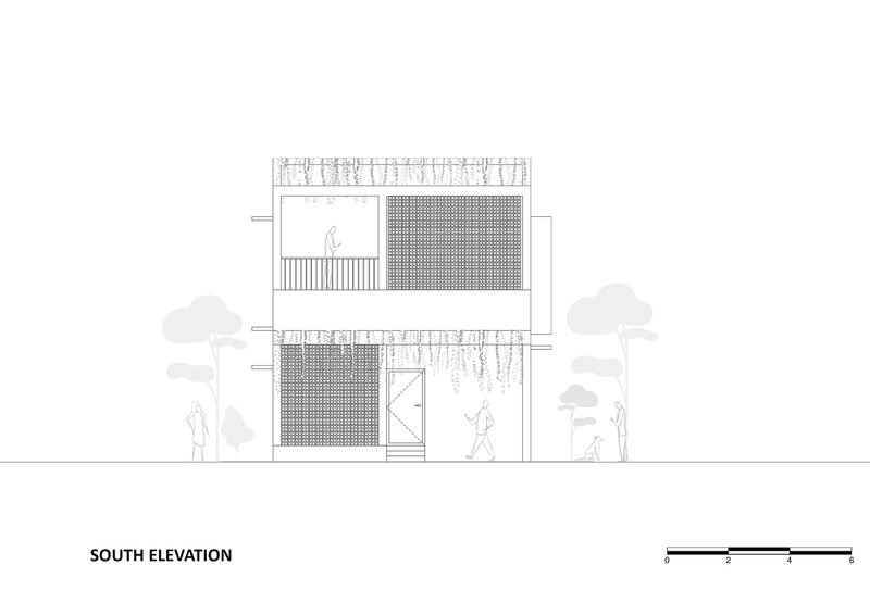 South elevation drawing showing perforated facade panels and balconies with surrounding trees