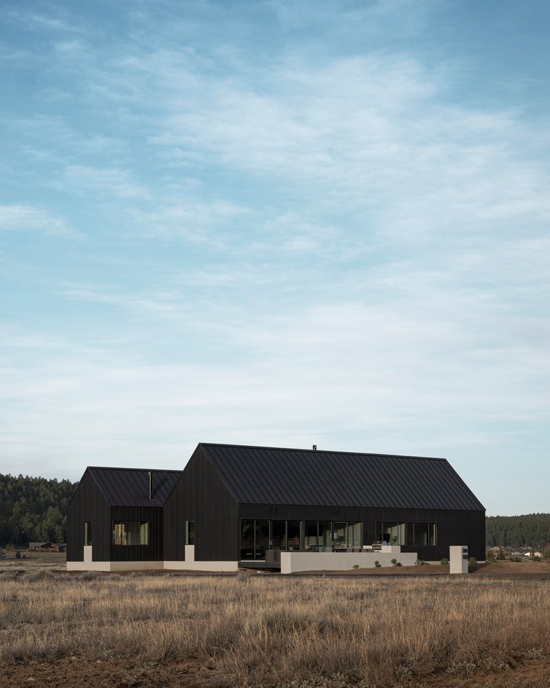 Black corrugated metal cladding and concrete plinth anchoring the gabled volumes in a dry grassland