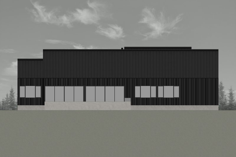 This architectural image showcases a modern, minimalist building with a striking black facade and a flat roof. The design emphasizes clean lines and geometric f