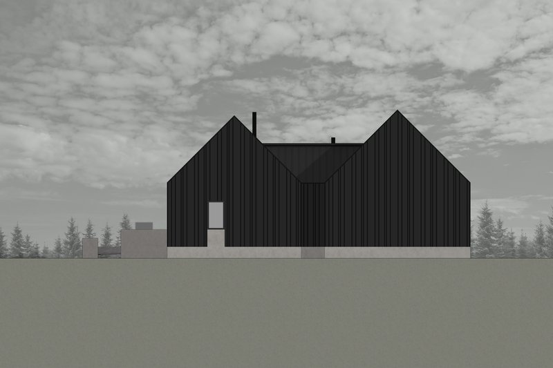 Elevation drawing showing twin gabled volumes clad in dark vertical siding beneath an overcast sky