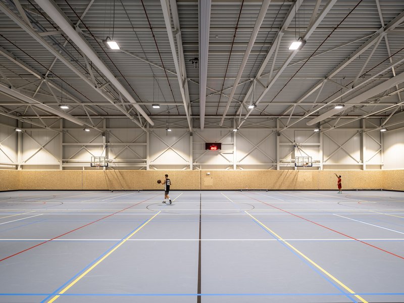 Indoor sports hall with exposed white steel truss structure and plywood wainscoting with two players on court