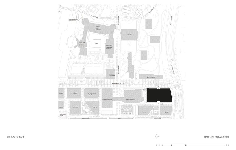 Site plan drawing showing building footprints and circulation paths within the surrounding urban block
